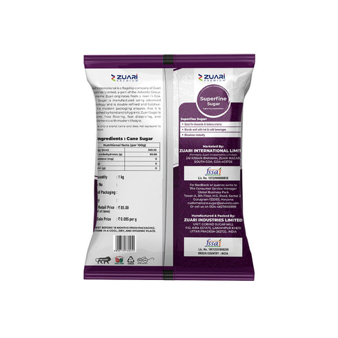 Zuari Foods Superfine Sugar 1Kg | Sulphur-Free Process | Free Flow | Untouched by Hand
