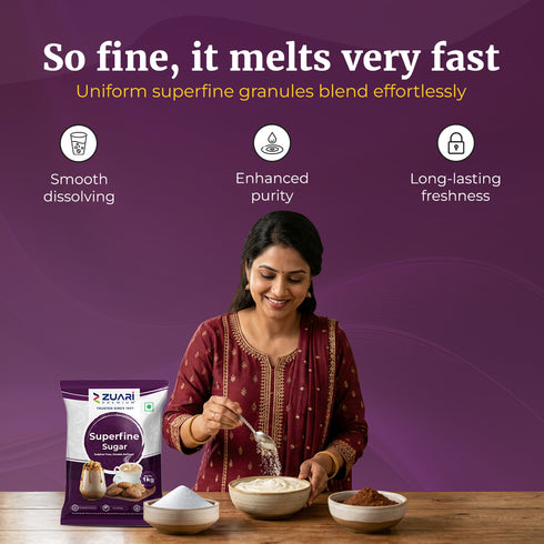 Zuari Foods Superfine Sugar 1Kg | Sulphur-Free Process | Free Flow | Untouched by Hand