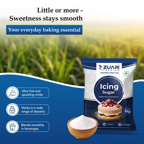 Zuari Foods Icing Sugar 1Kg | Sulphur-Free Process | Lump-Free | Untouched by Hand