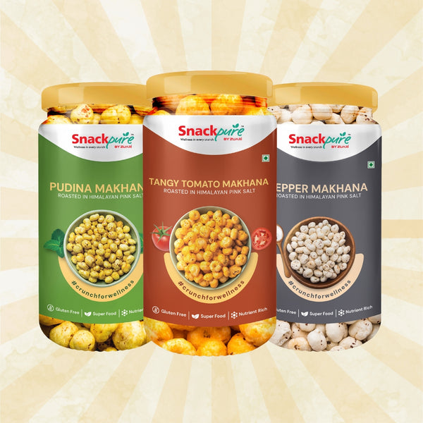 Combo - Pudina Makhana, Tangy Tomato Makhana, Pepper Makhana (75g each)